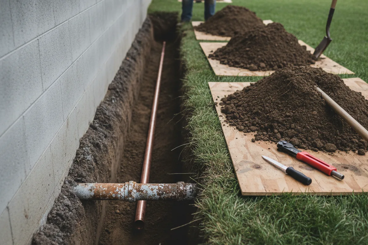 Excavated water line trench during Sewer Line Repair in Manito